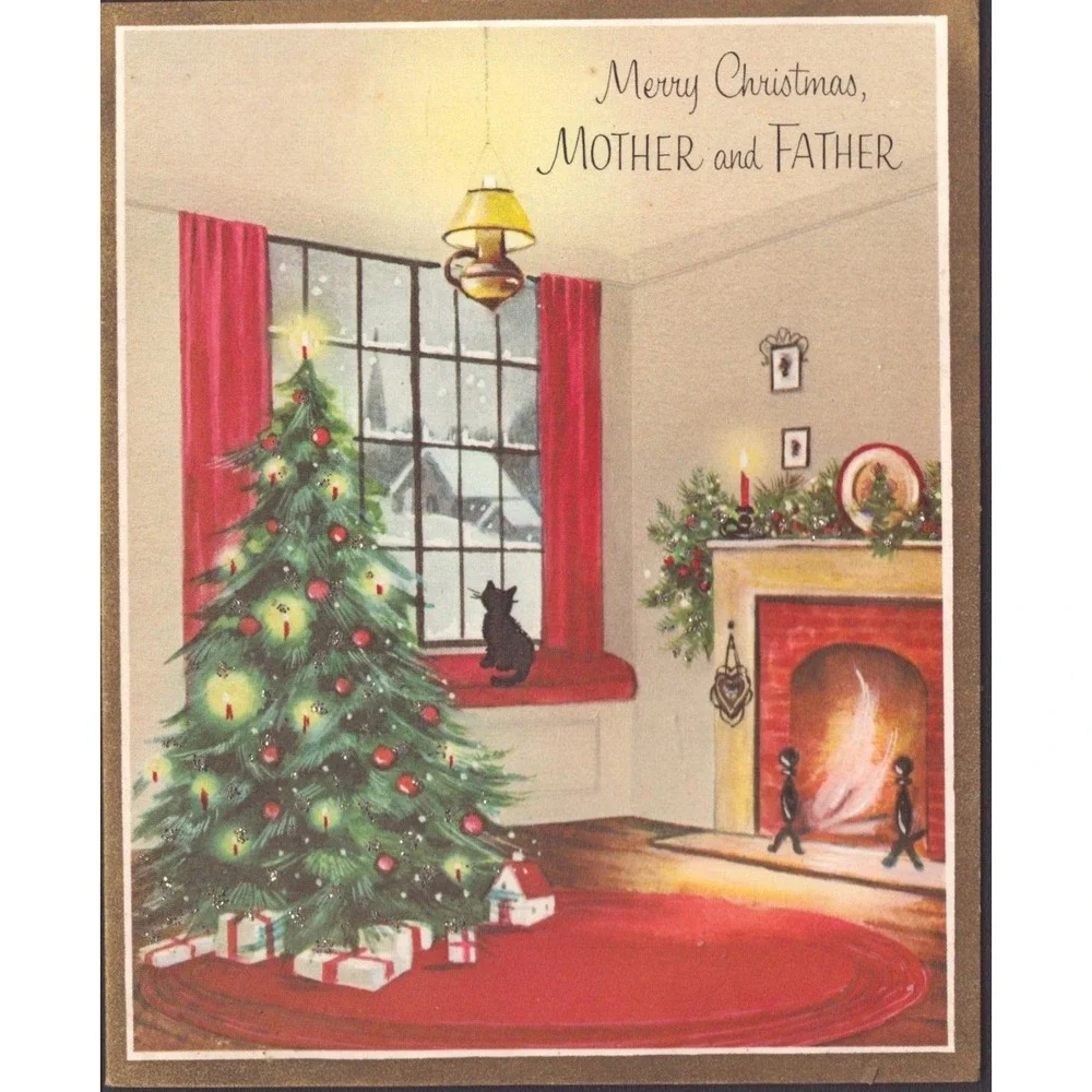 Vintage 1966 Norcross Christmas Card Mid-Century Black Cat Fireplace Used